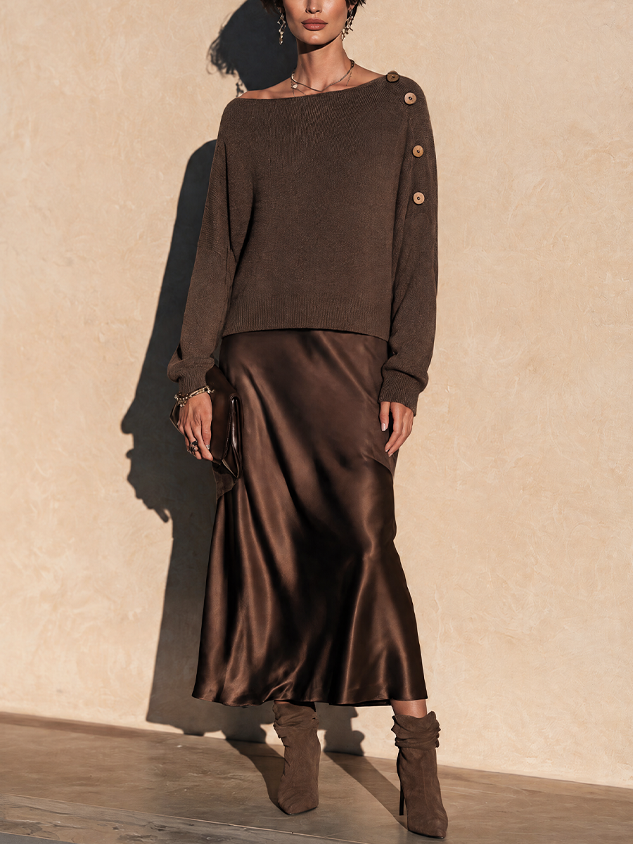 Women's Elegant Knit Top and Satin Maxi Skirt Set