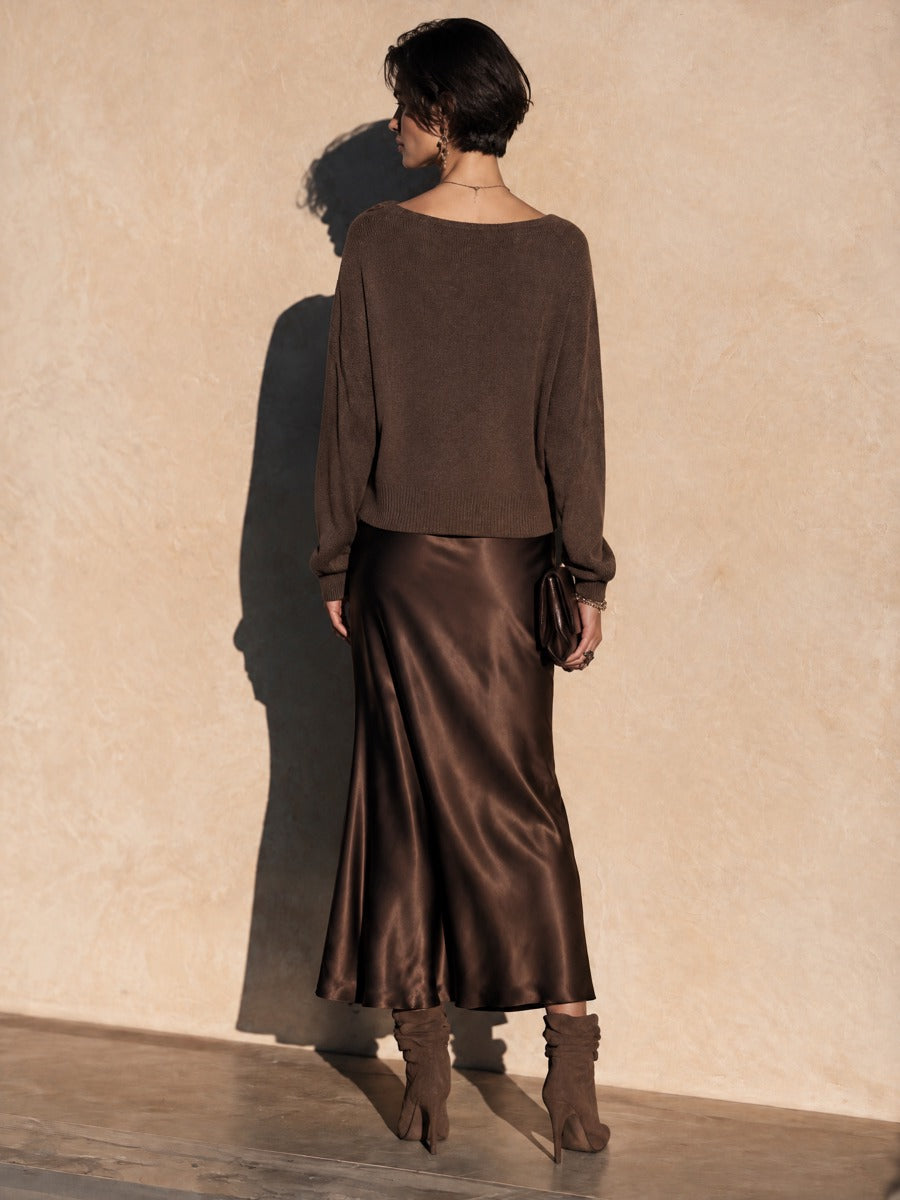 Women's Elegant Knit Top and Satin Maxi Skirt Set