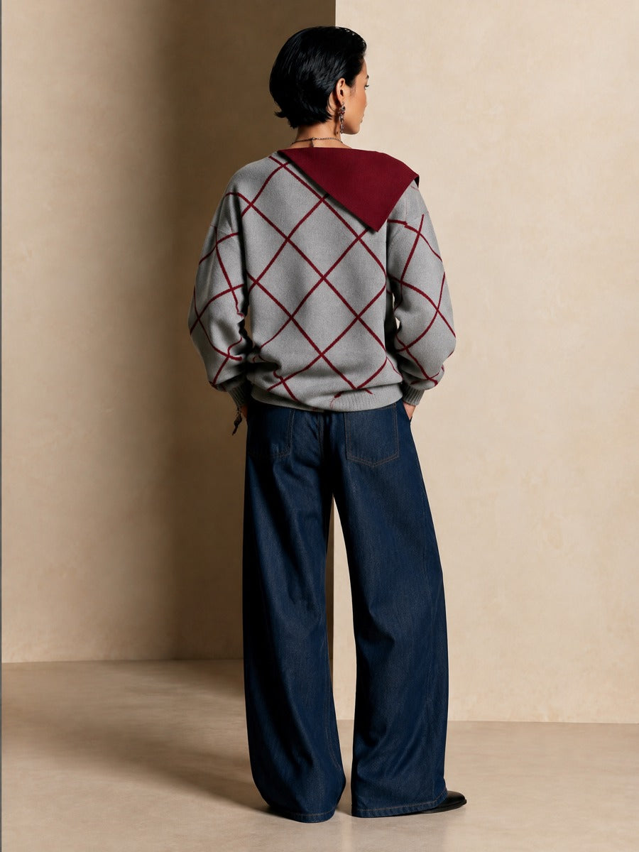 Women's Casual Plaid Irregular Collar Sweater