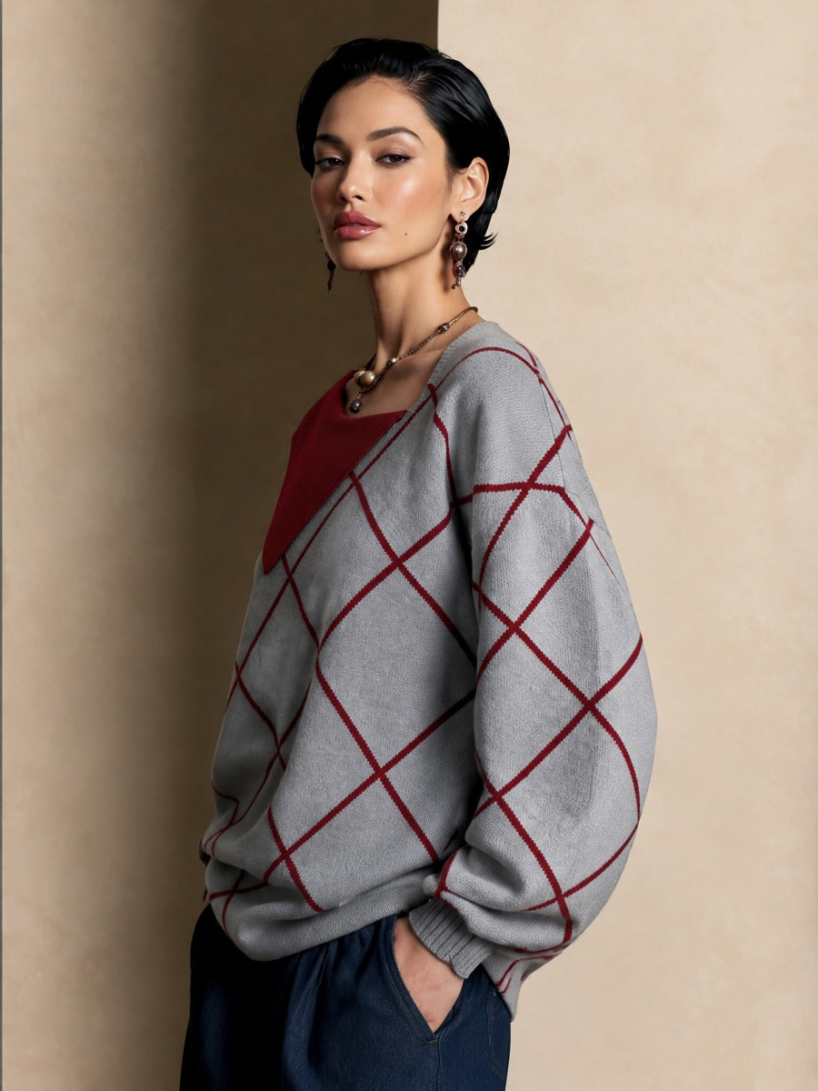 Women's Casual Plaid Irregular Collar Sweater