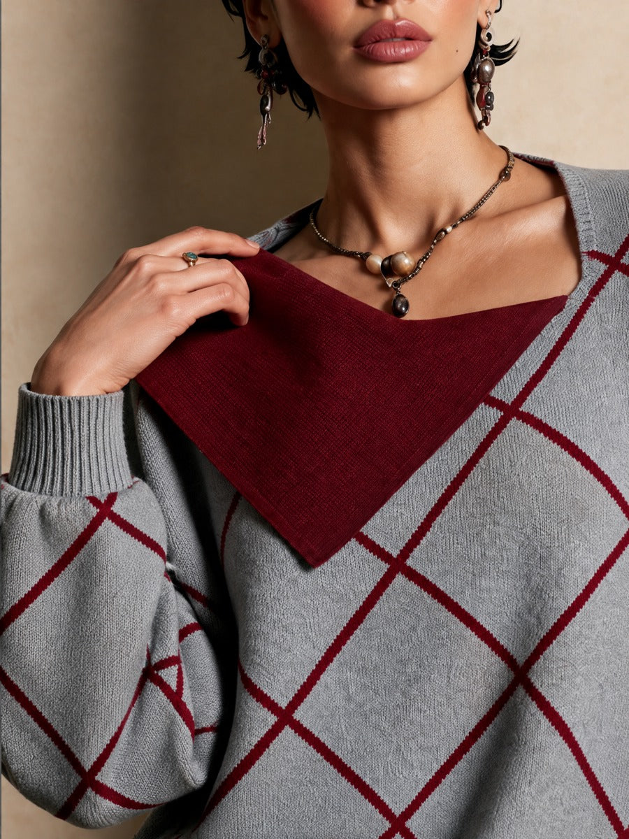 Women's Casual Plaid Irregular Collar Sweater