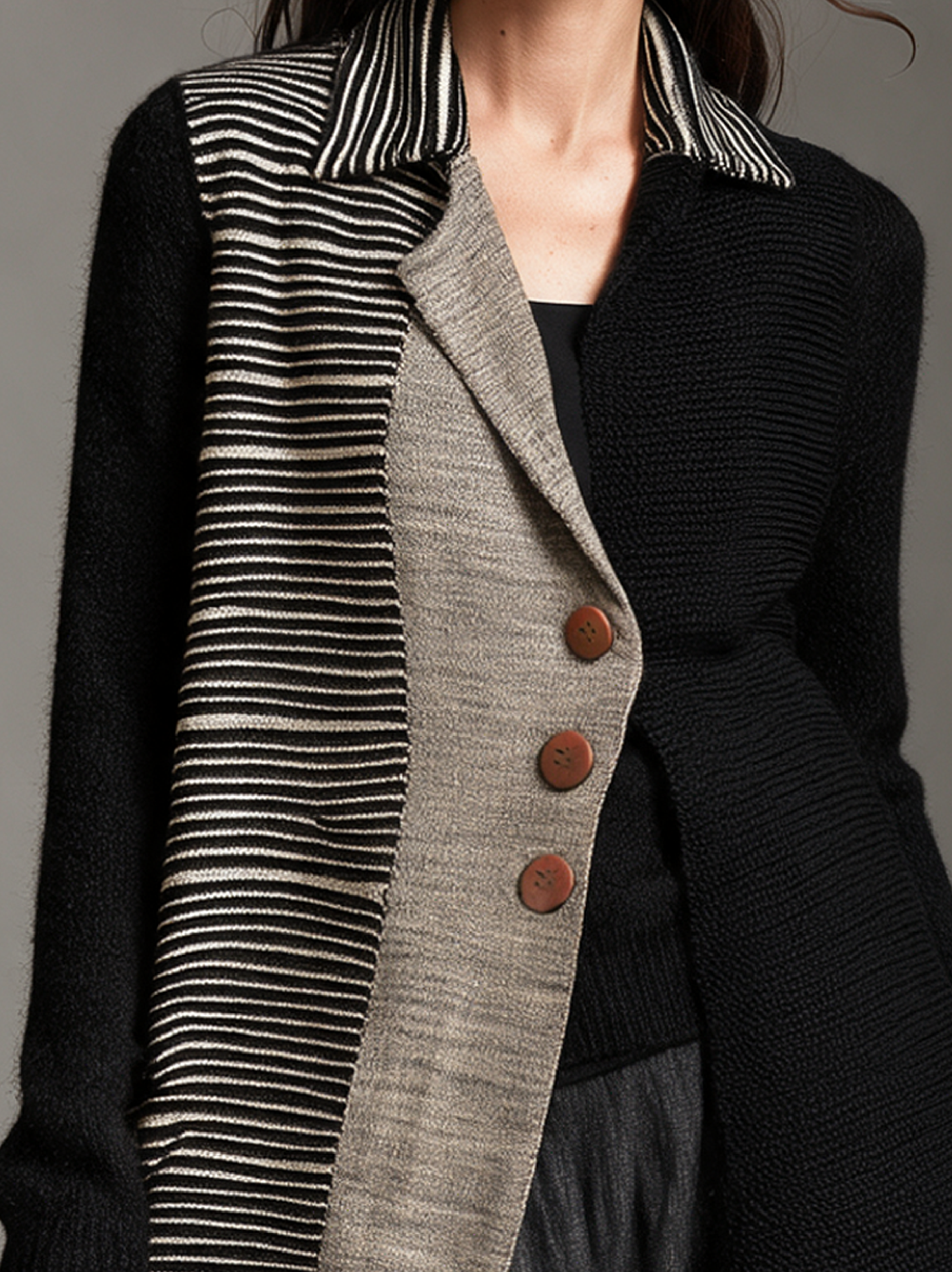 Women's Casual Long-Sleeve Jacket With Black Striped Knit Panels
