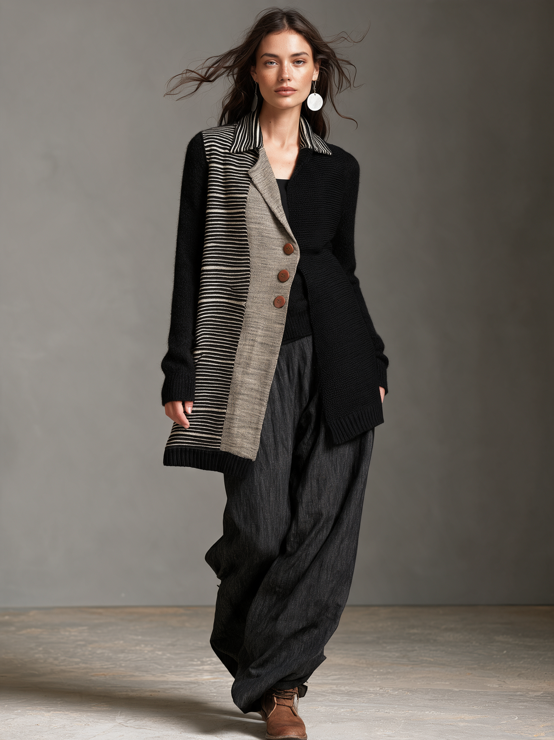 Women's Casual Long-Sleeve Jacket With Black Striped Knit Panels