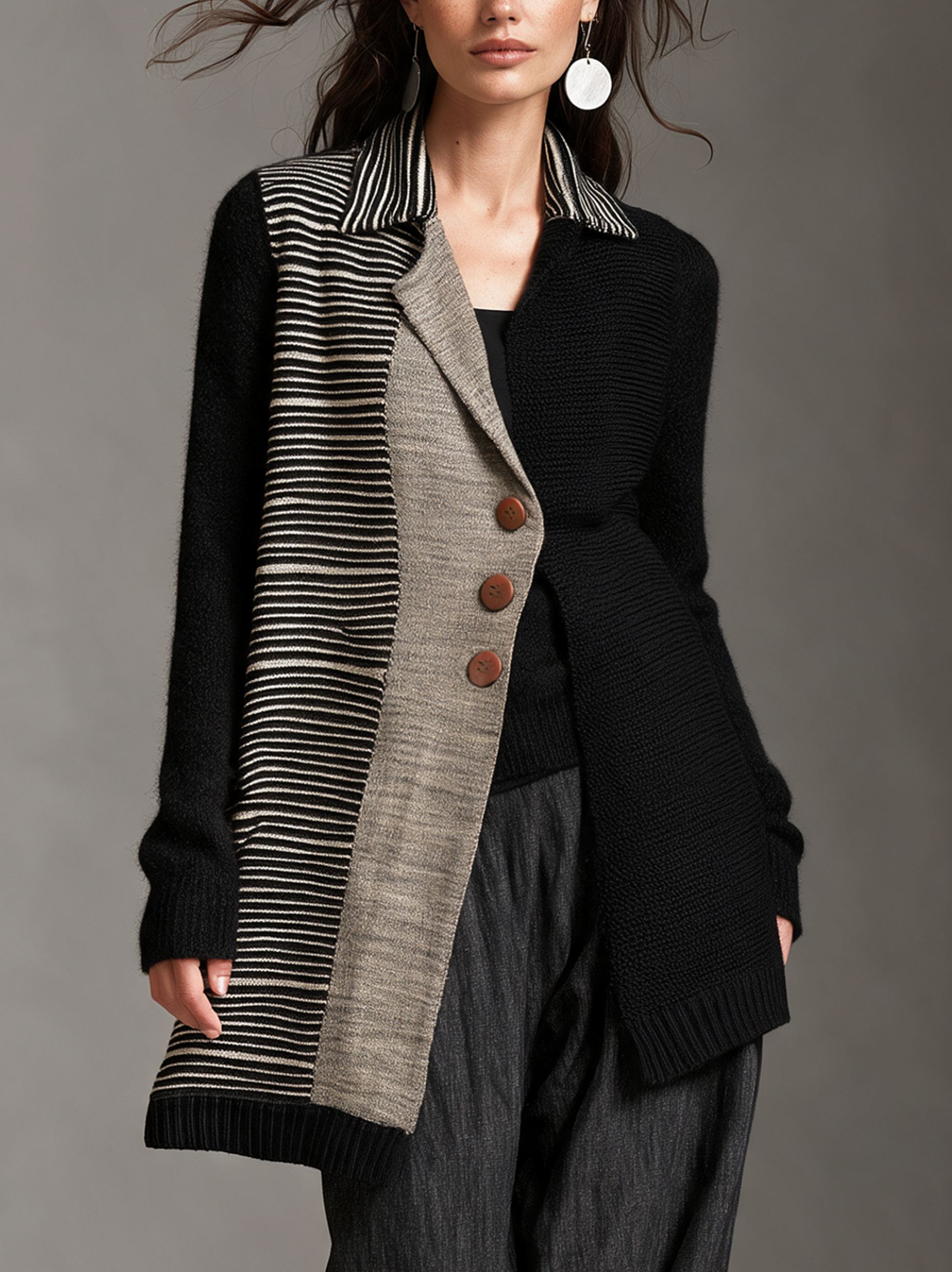 Women's Casual Long-Sleeve Jacket With Black Striped Knit Panels