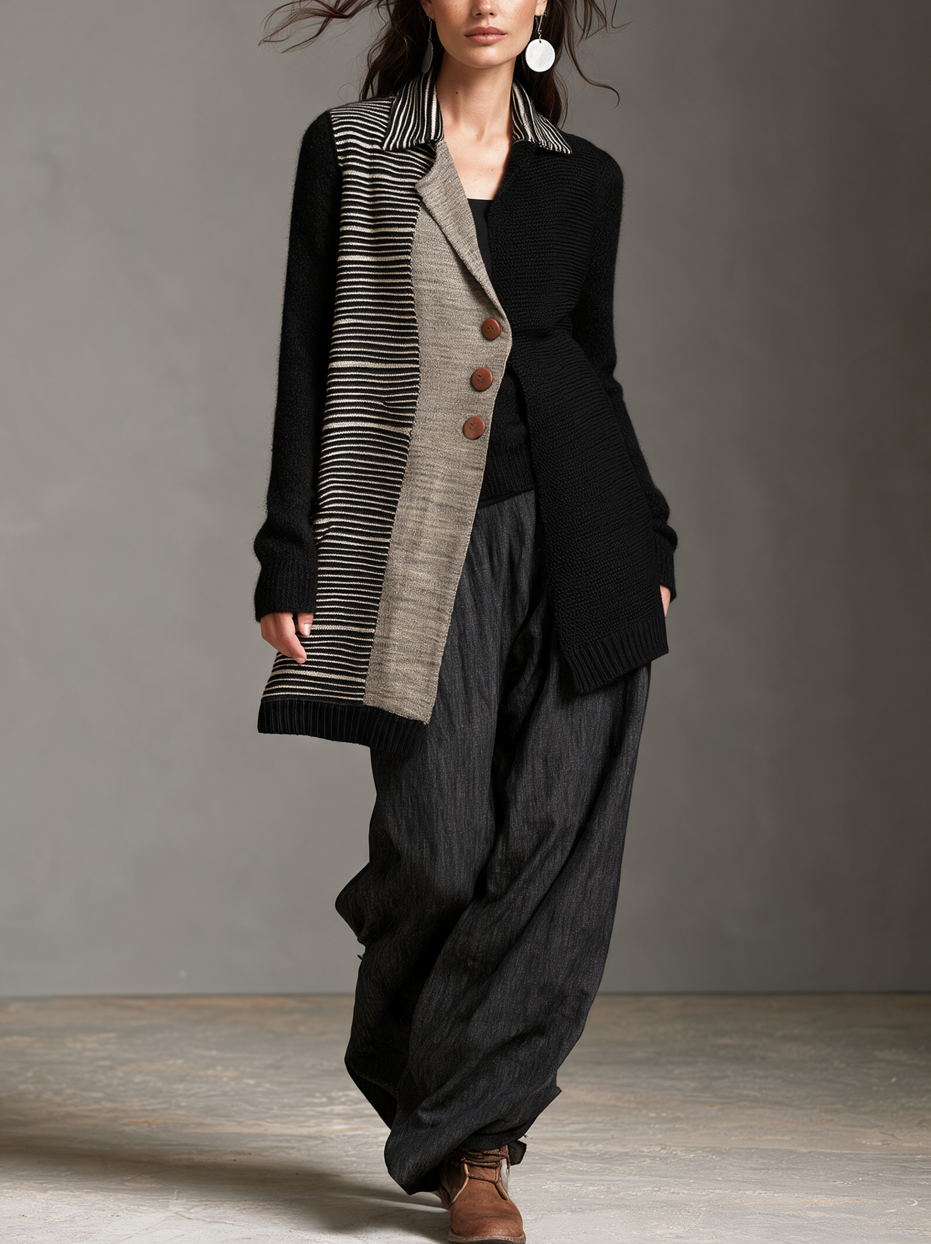 Women's Casual Long-Sleeve Jacket With Black Striped Knit Panels
