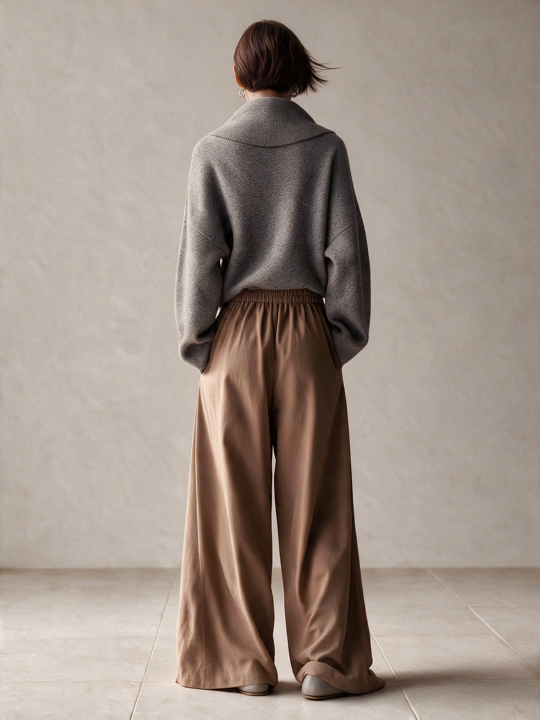 Women's Asymmetric Collar Knit Top & Wide Leg Trousers Set