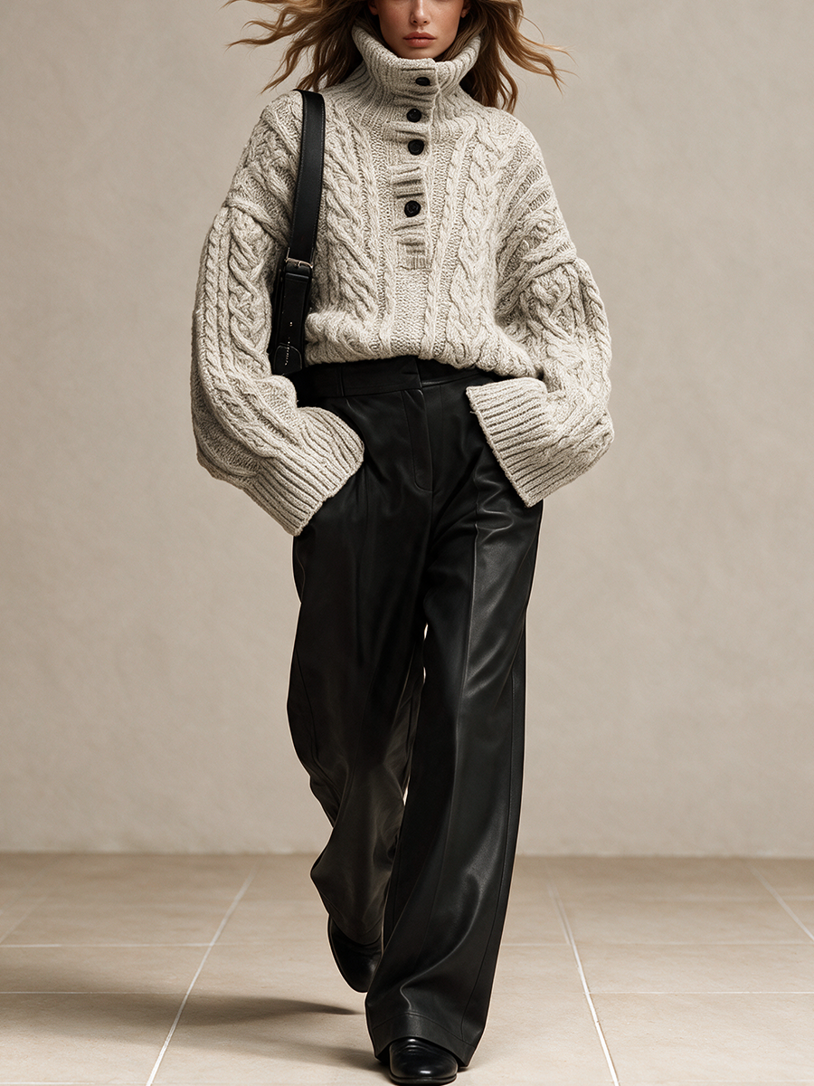 Women's Cable Knit Half-button Sweater & Faux Leather Wide Leg Pants Set