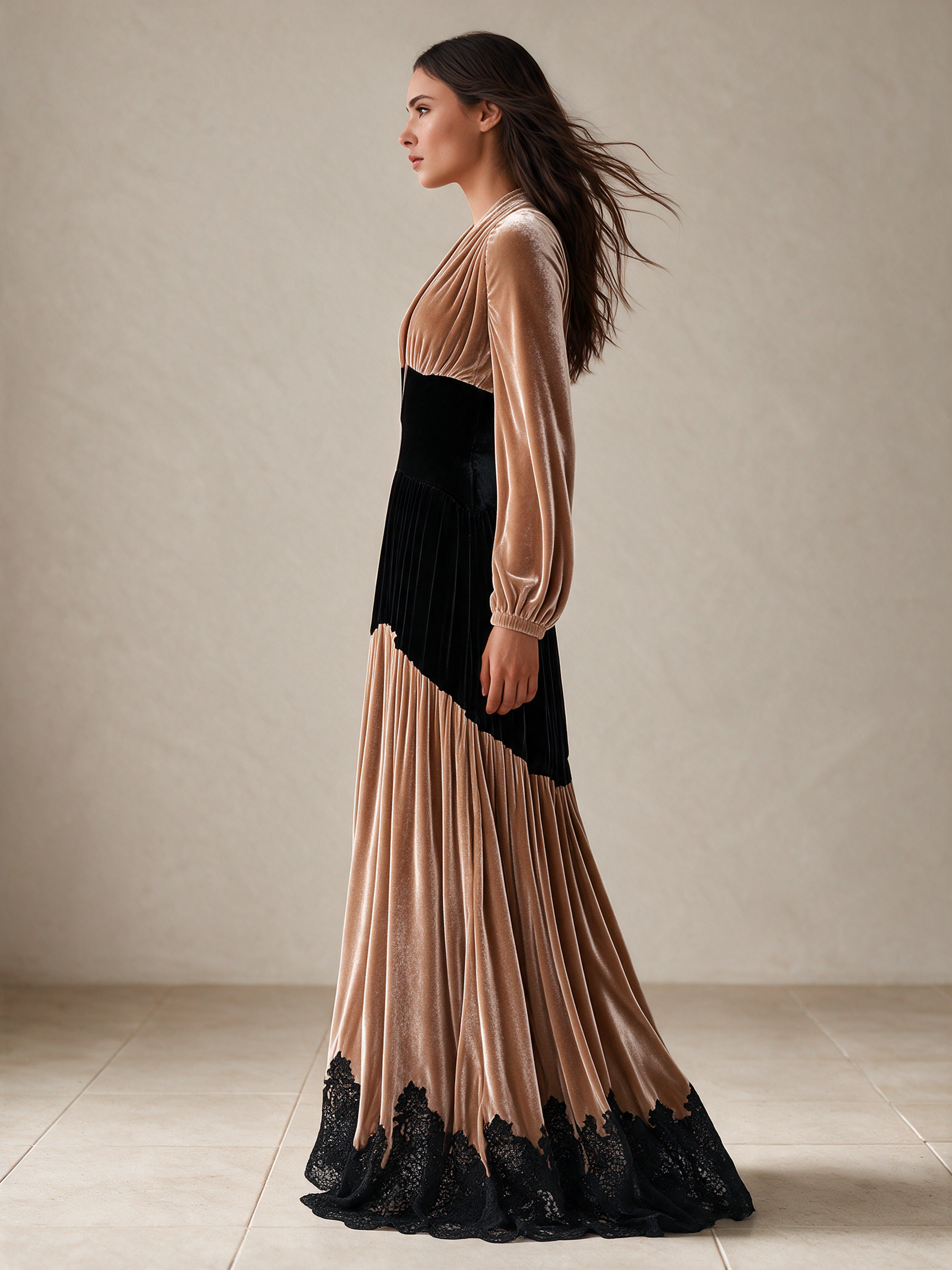Women's Color Block Velvet Maxi Dress