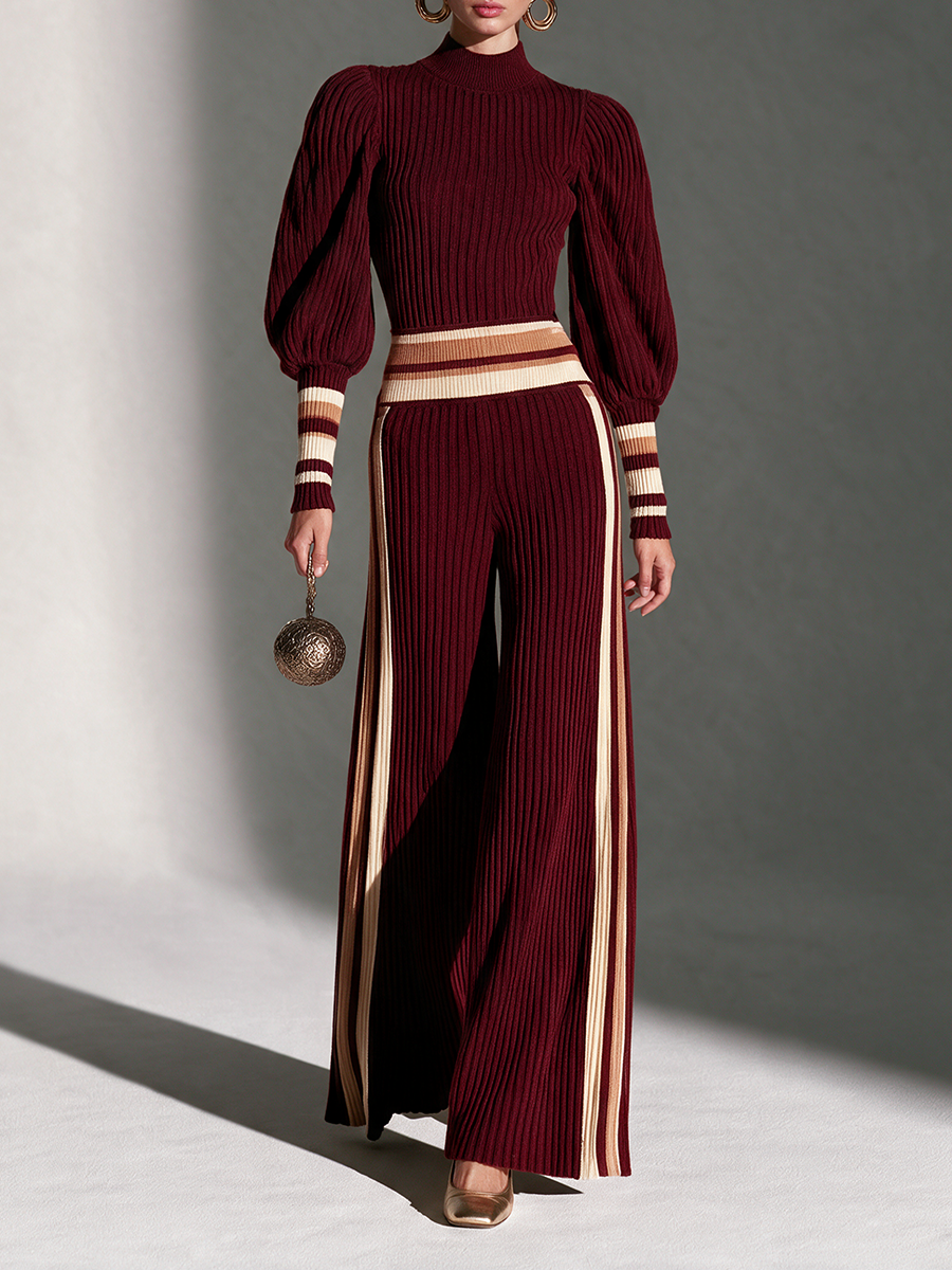 Women's Turtleneck Puff-Sleeve Contrast-Rib Top & Side-Stripe Wide-Leg Trouser Wool-Knit Set