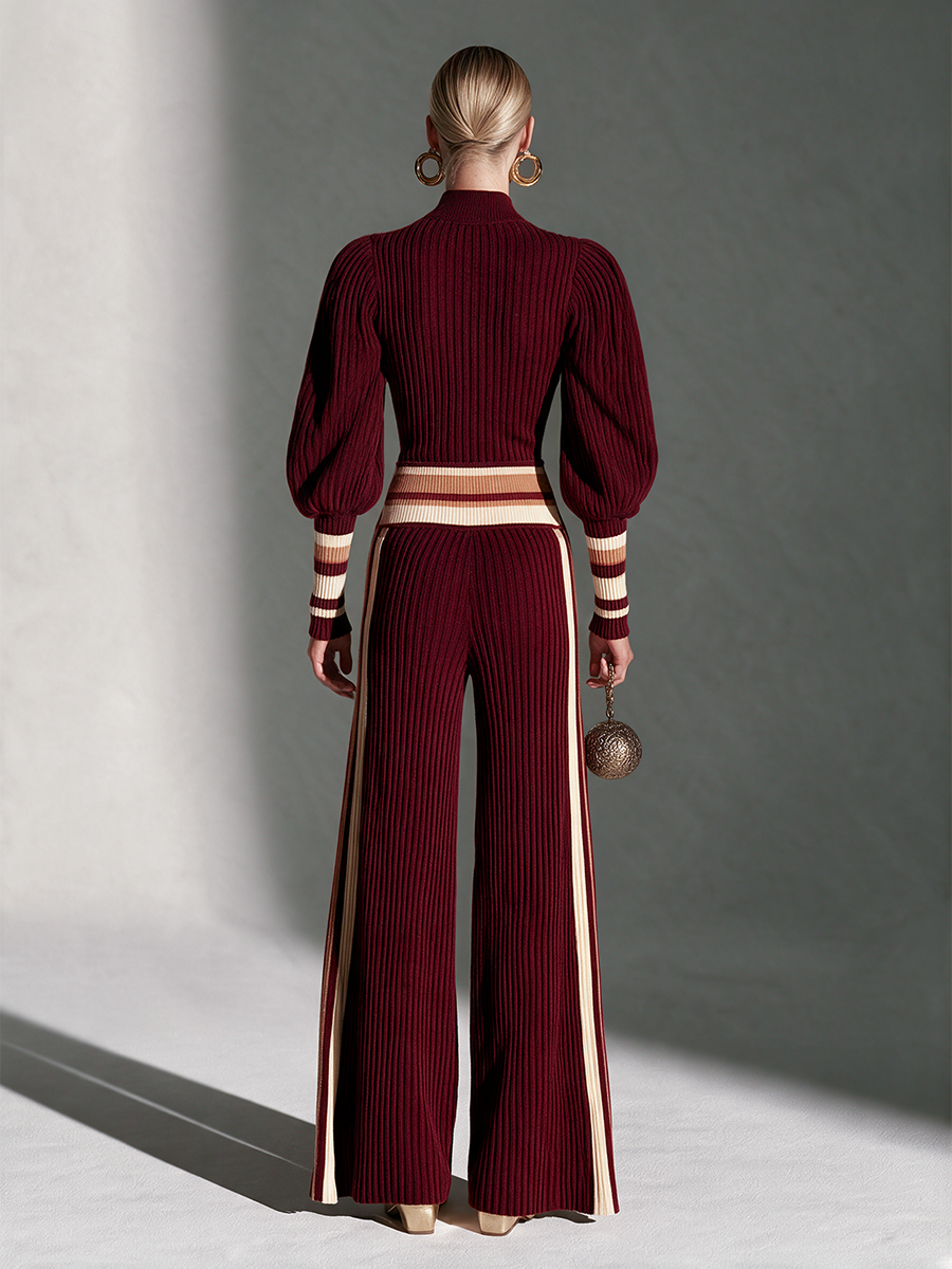 Women's Turtleneck Puff-Sleeve Contrast-Rib Top & Side-Stripe Wide-Leg Trouser Wool-Knit Set