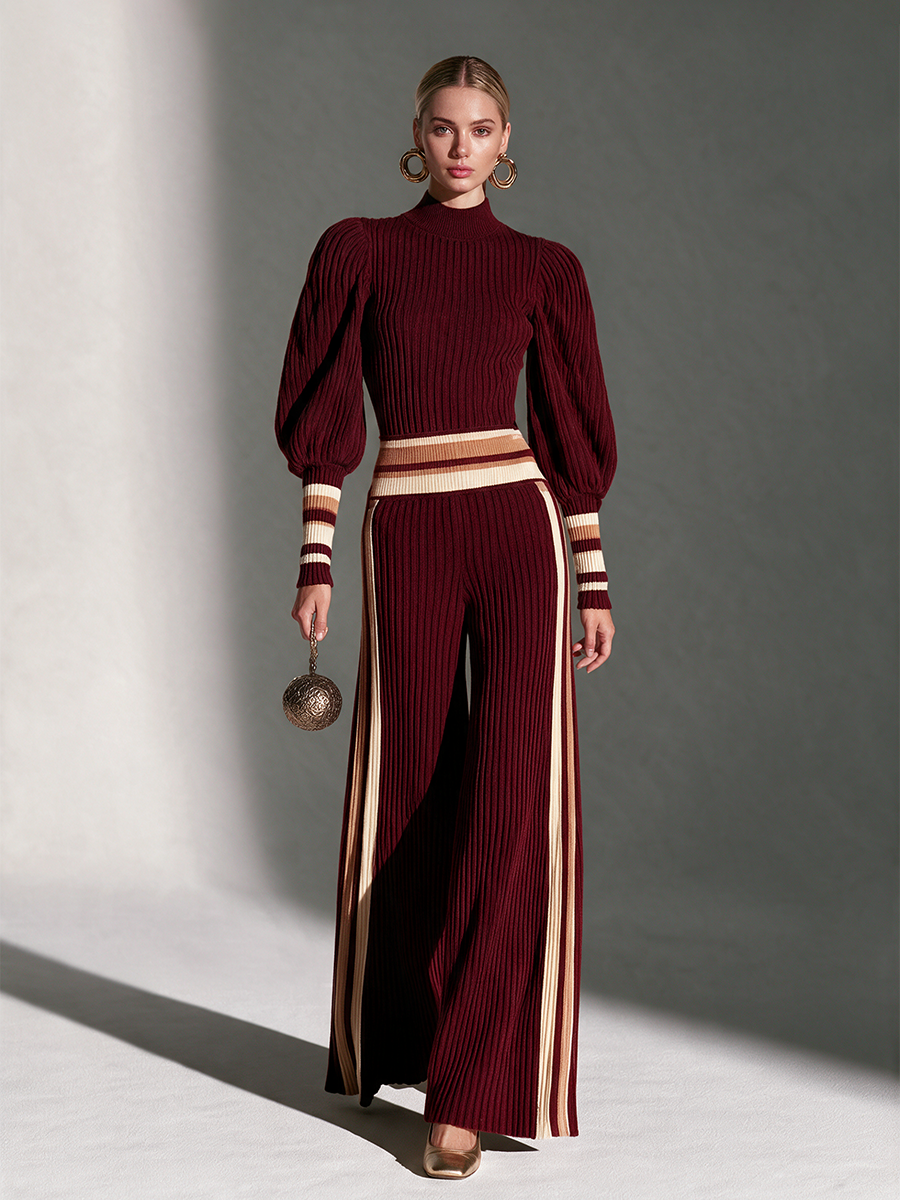 Women's Turtleneck Puff-Sleeve Contrast-Rib Top & Side-Stripe Wide-Leg Trouser Wool-Knit Set