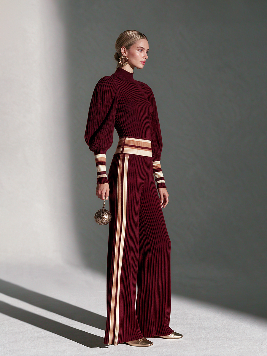 Women's Turtleneck Puff-Sleeve Contrast-Rib Top & Side-Stripe Wide-Leg Trouser Wool-Knit Set