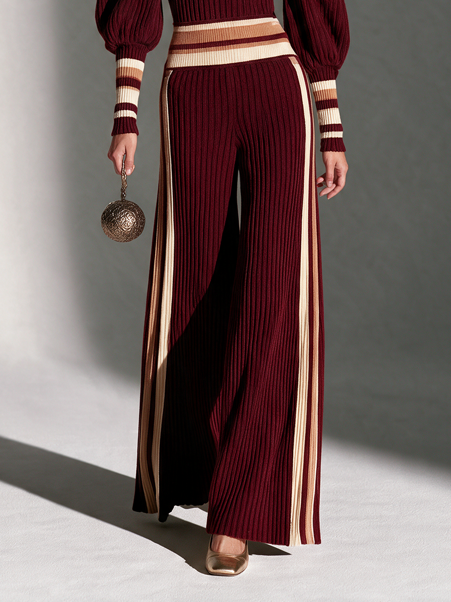 Women's Turtleneck Puff-Sleeve Contrast-Rib Top & Side-Stripe Wide-Leg Trouser Wool-Knit Set