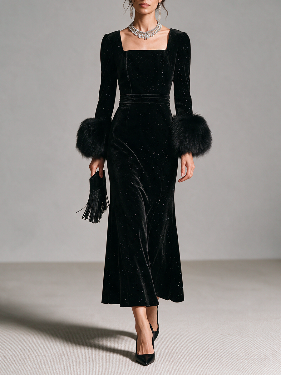 Women's Square-Neck Puff-Sleeve Fur-Cuff Cinched-Waist Velvet Mermaid Maxi Dress