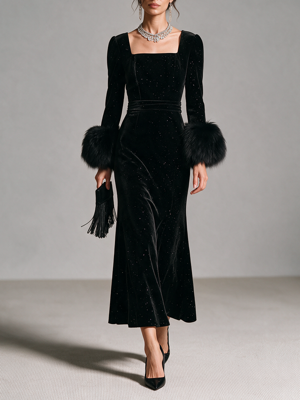 Women's Square-Neck Puff-Sleeve Fur-Cuff Cinched-Waist Velvet Mermaid Maxi Dress