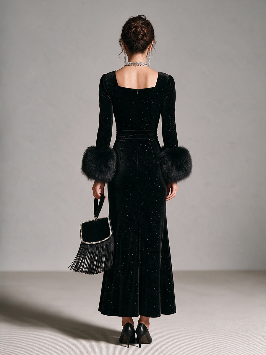 Women's Square-Neck Puff-Sleeve Fur-Cuff Cinched-Waist Velvet Mermaid Maxi Dress