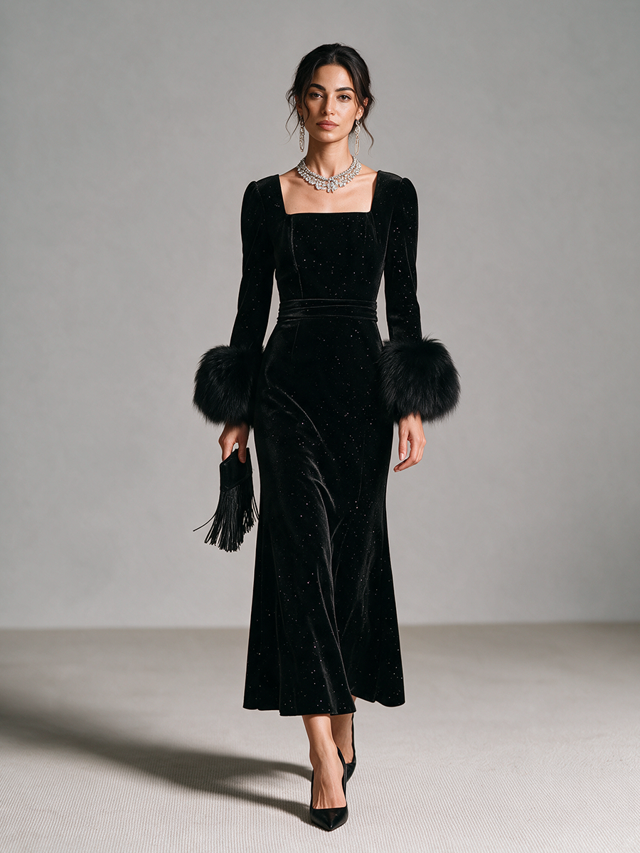 Women's Square-Neck Puff-Sleeve Fur-Cuff Cinched-Waist Velvet Mermaid Maxi Dress