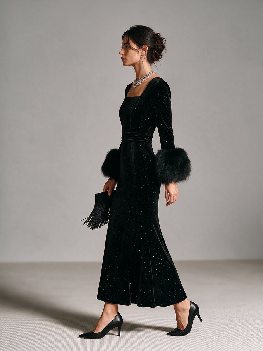 Women's Square-Neck Puff-Sleeve Fur-Cuff Cinched-Waist Velvet Mermaid Maxi Dress