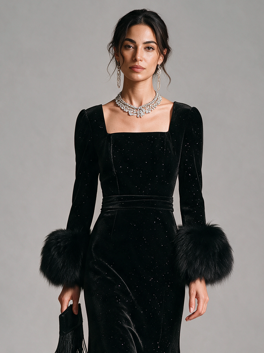 Women's Square-Neck Puff-Sleeve Fur-Cuff Cinched-Waist Velvet Mermaid Maxi Dress