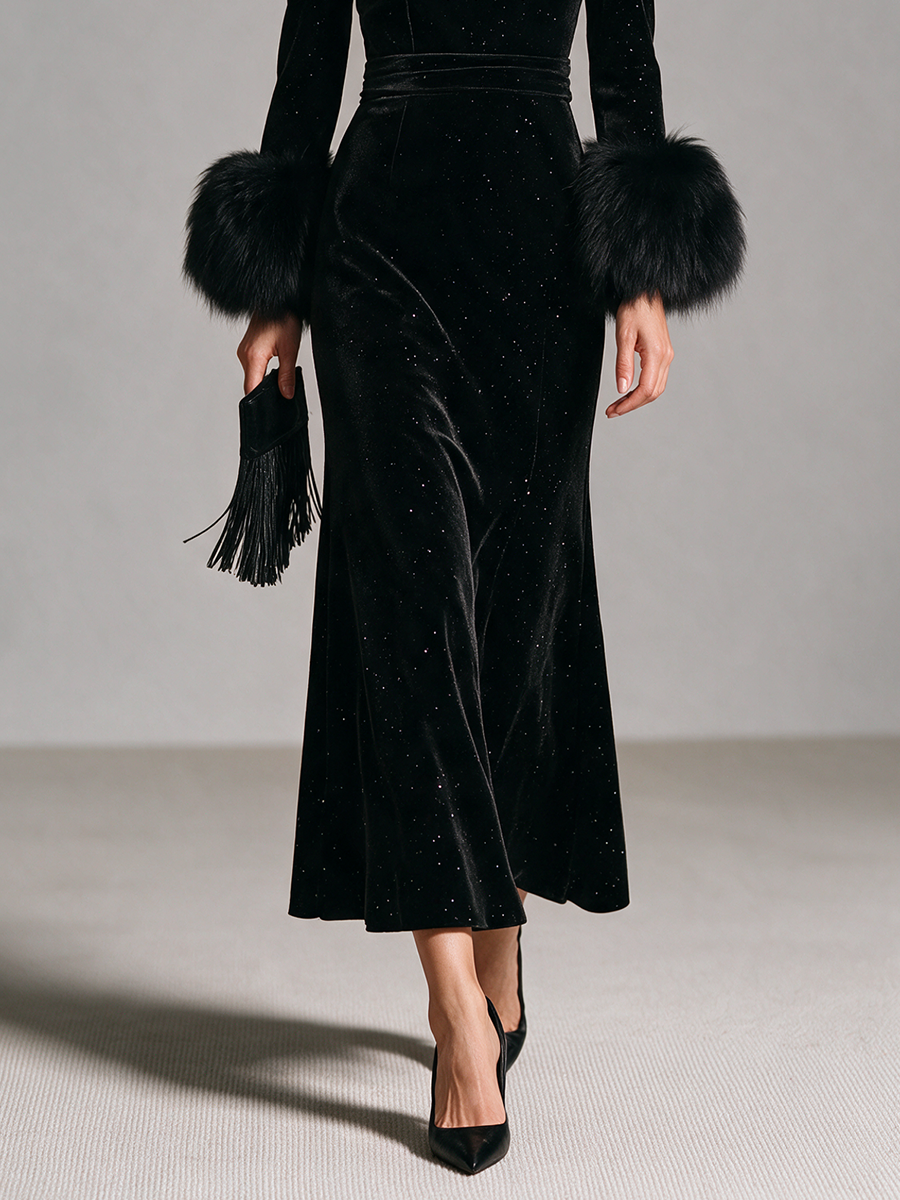 Women's Square-Neck Puff-Sleeve Fur-Cuff Cinched-Waist Velvet Mermaid Maxi Dress