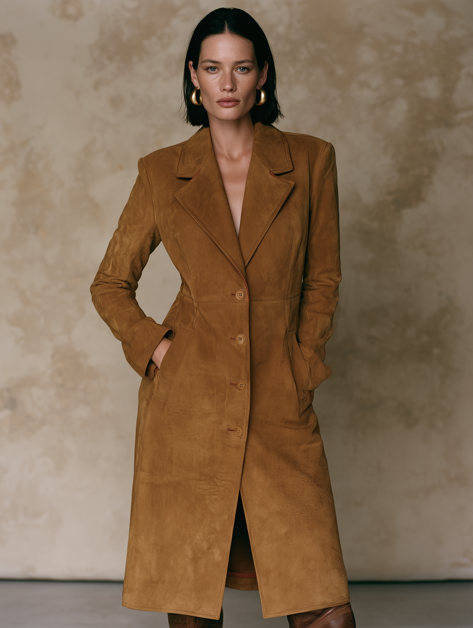 Women's Vintage Suede Single-Breasted Coat With Cinched Waist