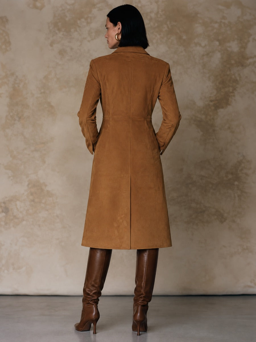 Women's Vintage Suede Single-Breasted Coat With Cinched Waist