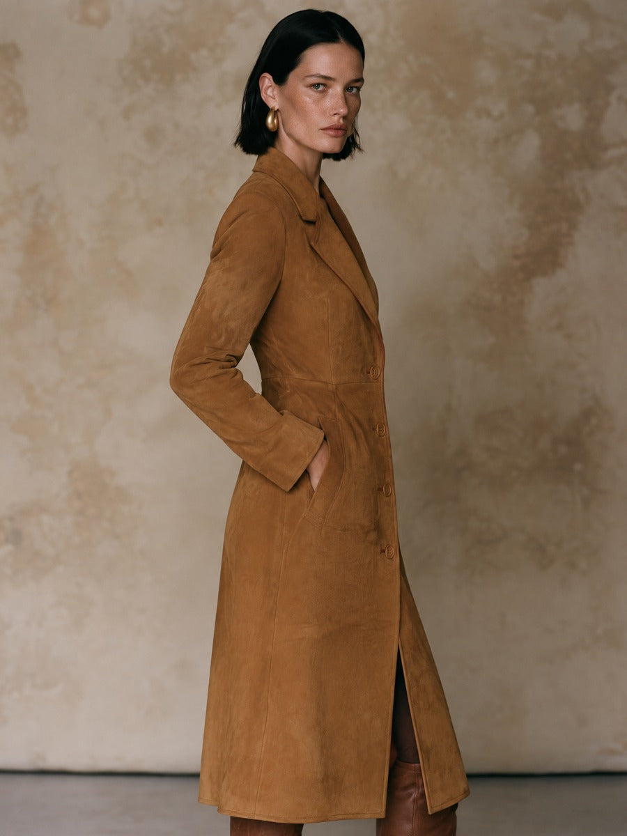 Women's Vintage Suede Single-Breasted Coat With Cinched Waist