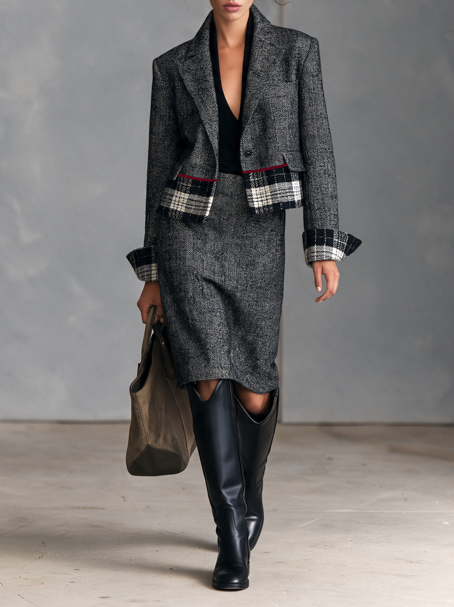 Women's Vintage-Style Blazer With Herringbone Wool-Blend And Plaid Panels