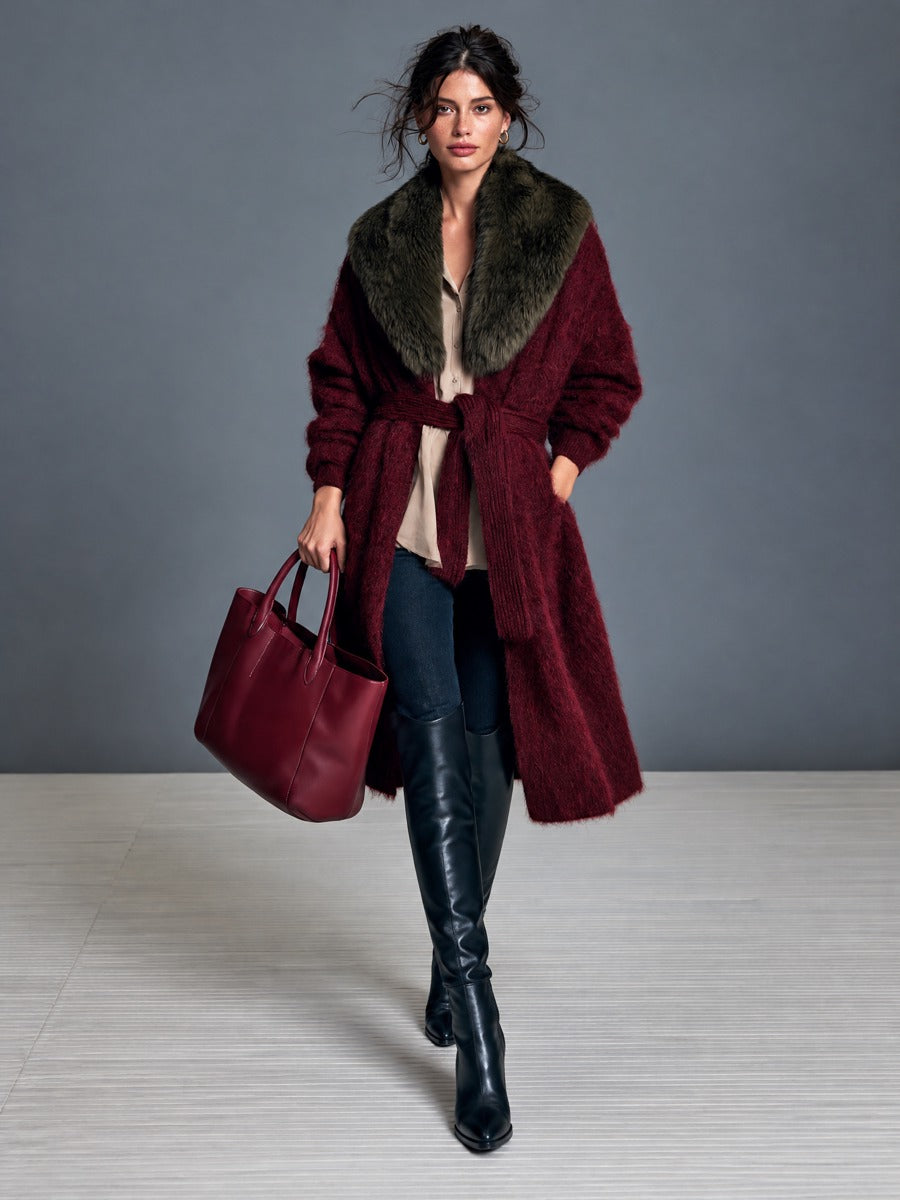Women's Vintage-style Mohair Belted Cardigan With A Faux-fur Shawl Collar