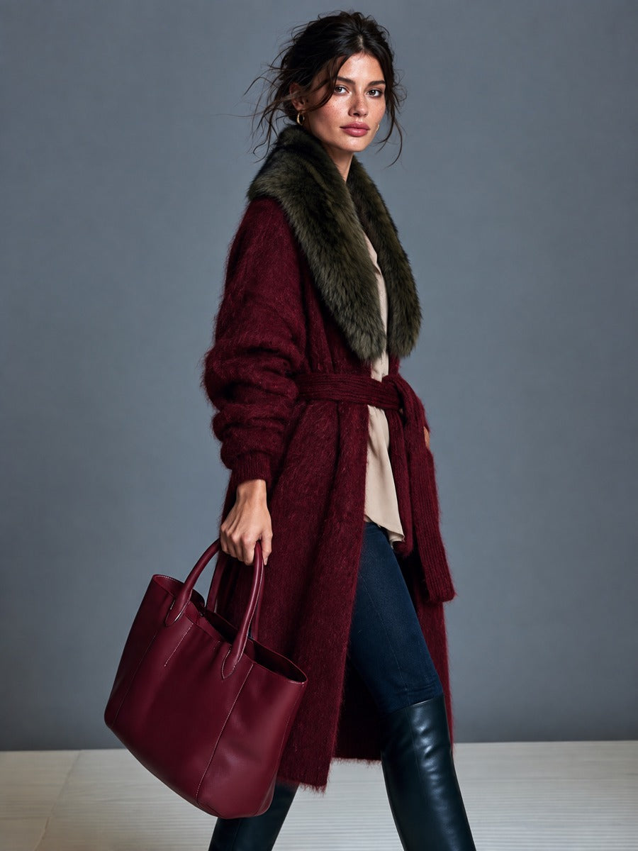 Women's Vintage-style Mohair Belted Cardigan With A Faux-fur Shawl Collar