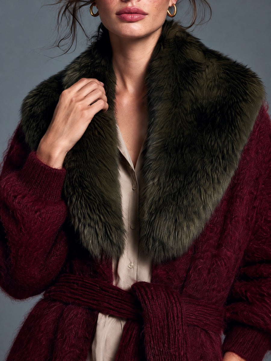 Women's Vintage-style Mohair Belted Cardigan With A Faux-fur Shawl Collar