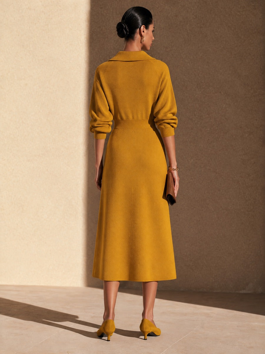 Women's Contrast Placket Collared Knit Midi Dress