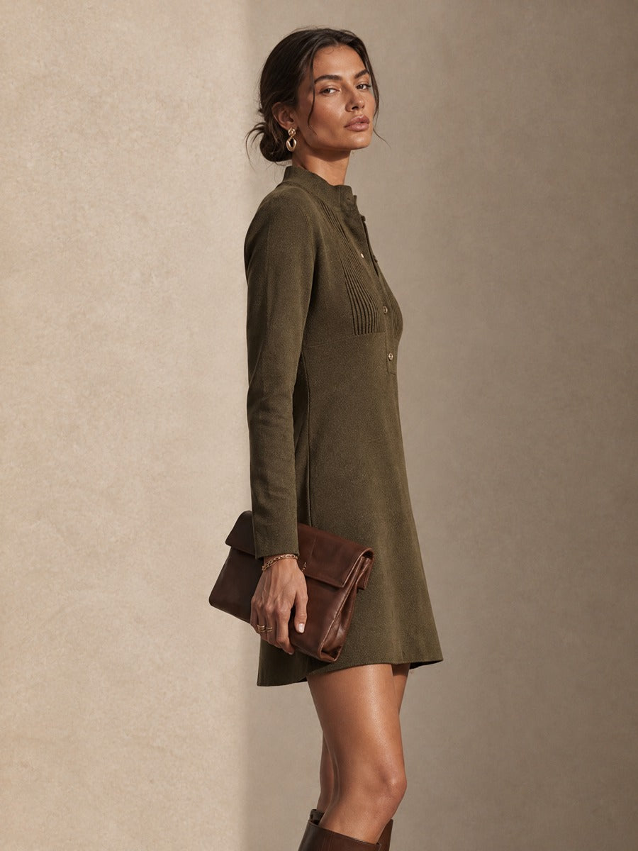 Women's Button Placket Ribbed Yoke Knit Mini Dress
