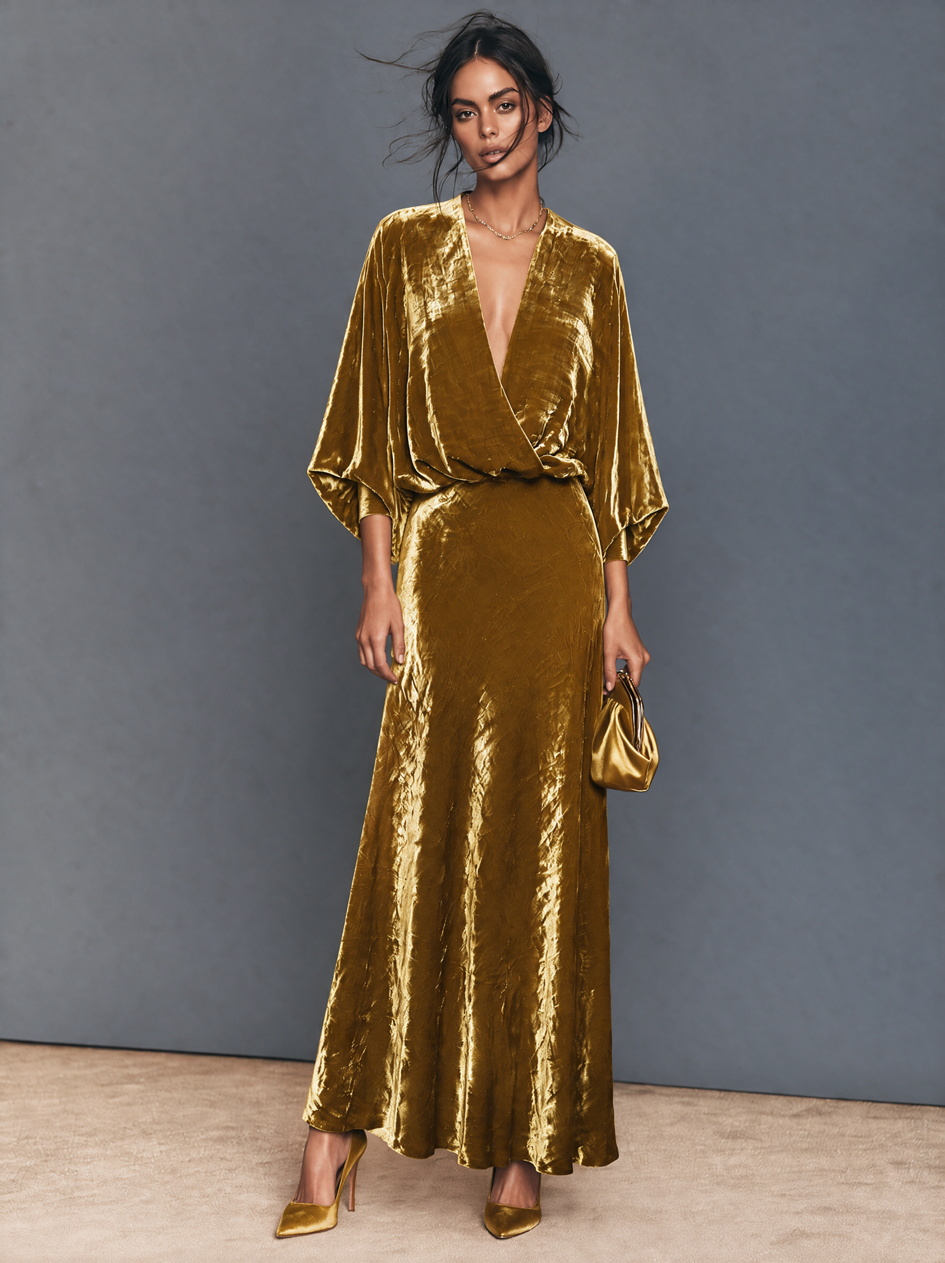 Women's Velvet Maxi Dress With Deep V Wrap Neckline And Batwing Sleeves