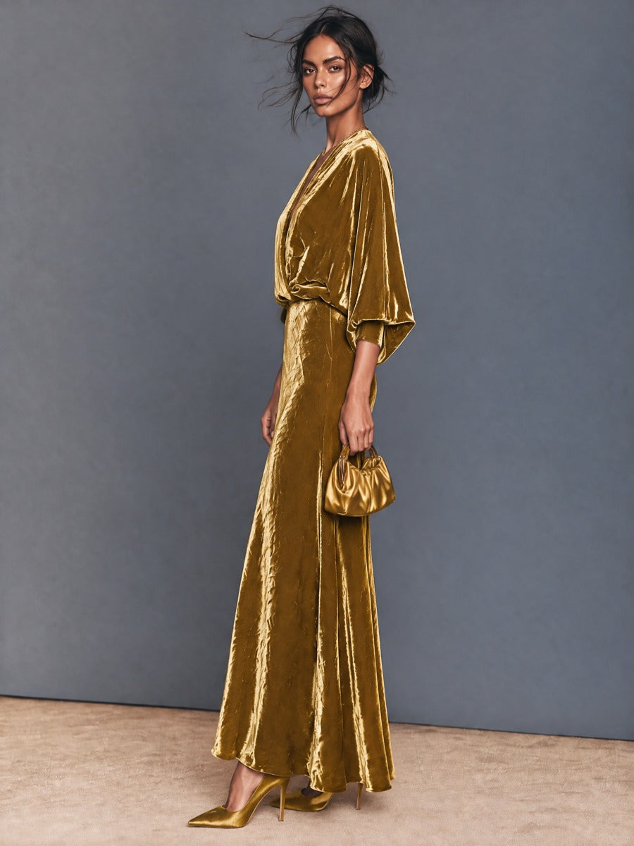 Women's Velvet Maxi Dress With Deep V Wrap Neckline And Batwing Sleeves
