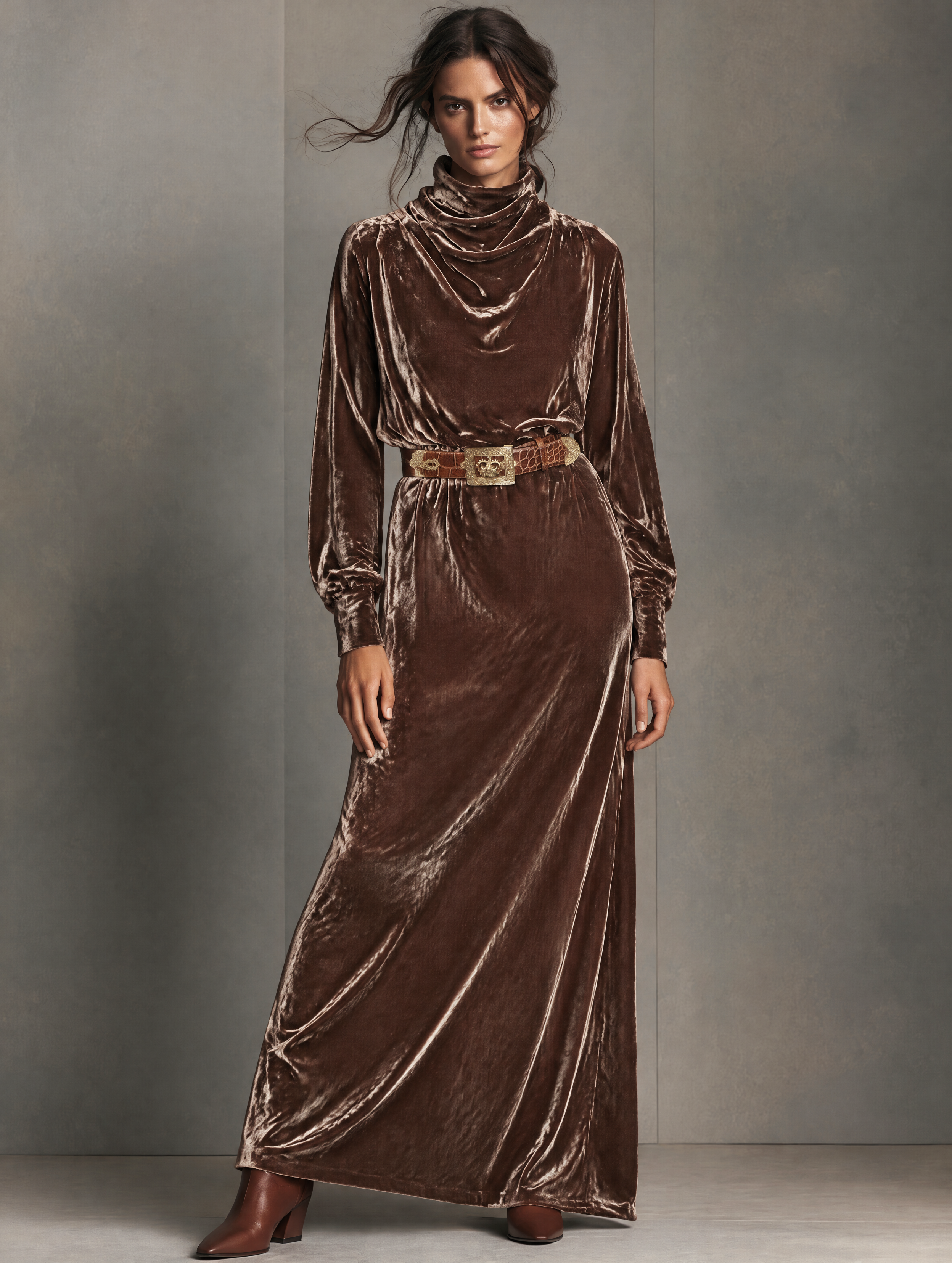 Women's Vintage Velvet Long-Sleeve Dress With Cowl Neck (Belt Not Included)