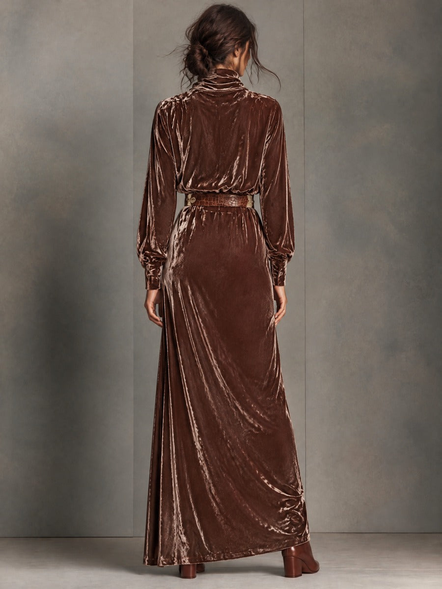 Women's Vintage Velvet Long-Sleeve Dress With Cowl Neck (Belt Not Included)