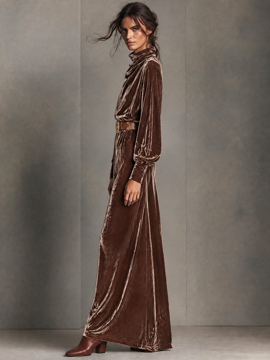 Women's Vintage Velvet Long-Sleeve Dress With Cowl Neck (Belt Not Included)