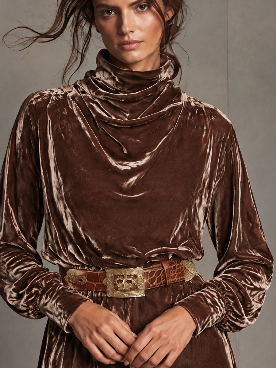 Women's Vintage Velvet Long-Sleeve Dress With Cowl Neck (Belt Not Included)