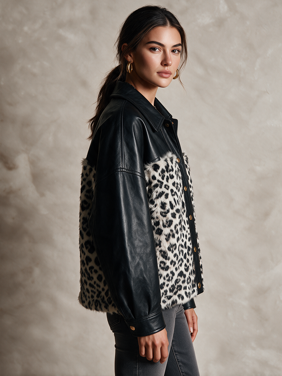 Women's Leather And Leopard-Print Faux Fur Panel Jacket