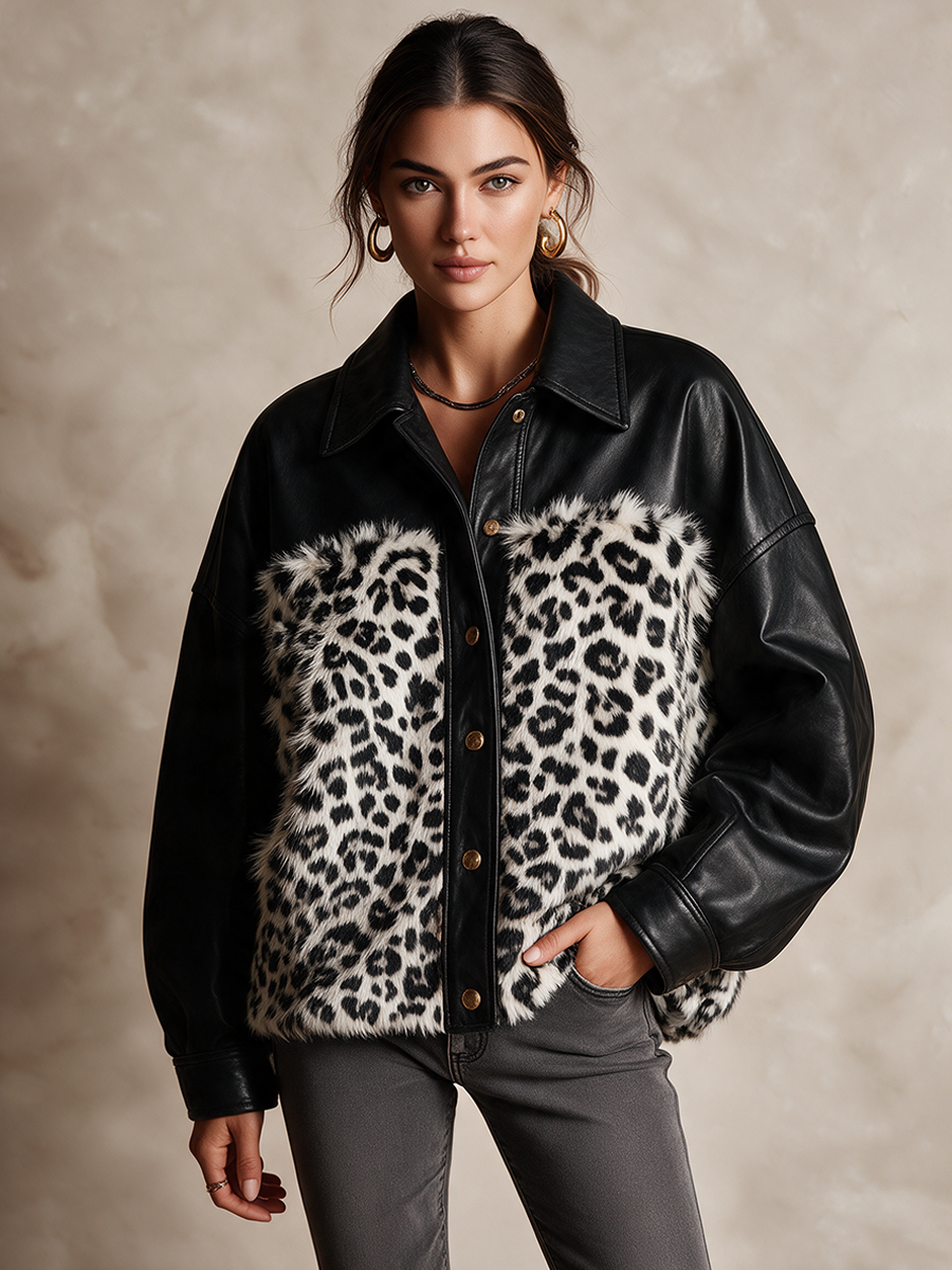 Women's Leather And Leopard-Print Faux Fur Panel Jacket