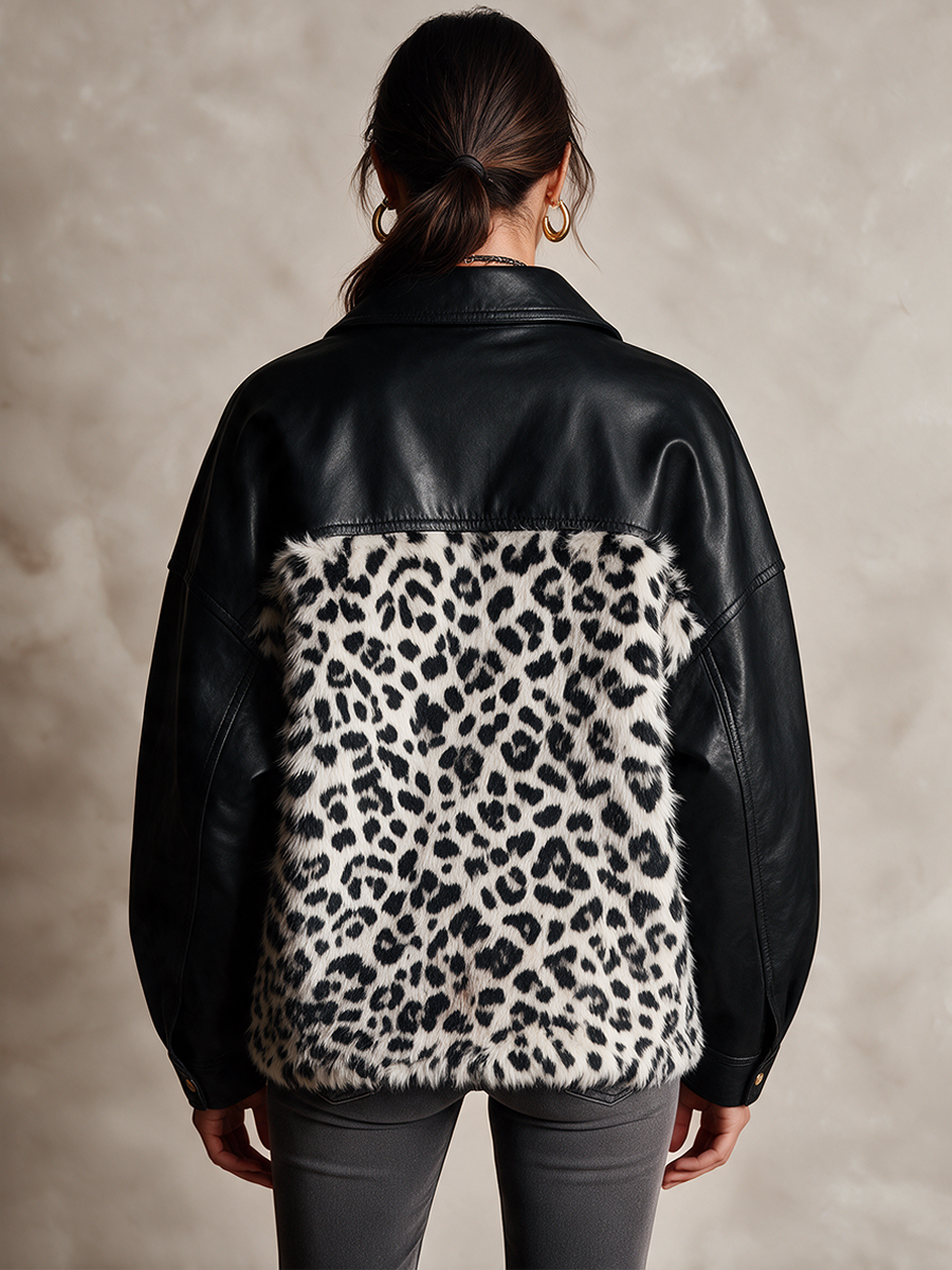 Women's Leather And Leopard-Print Faux Fur Panel Jacket