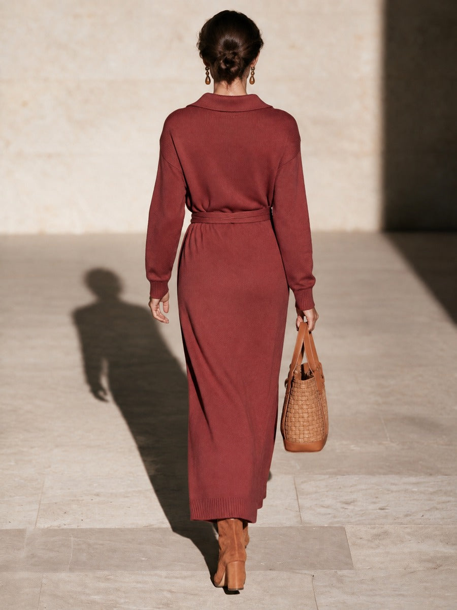 Women's Rust Red Polo Collar Knit Maxi Sweater Dress