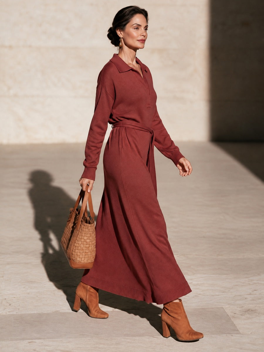 Women's Rust Red Polo Collar Knit Maxi Sweater Dress