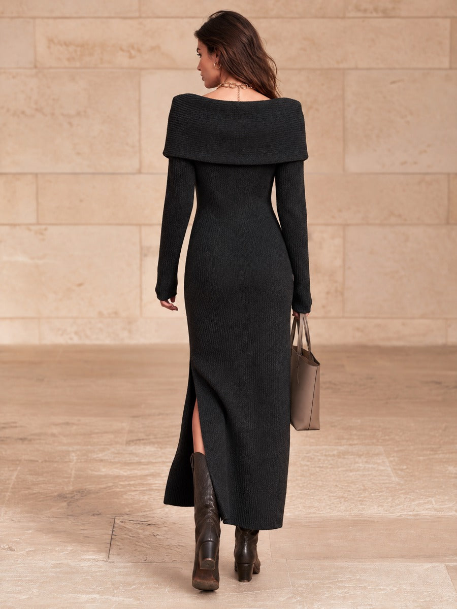 Women's Black Off-Shoulder Fold-Over Collar Ribbed Knit Maxi Dress