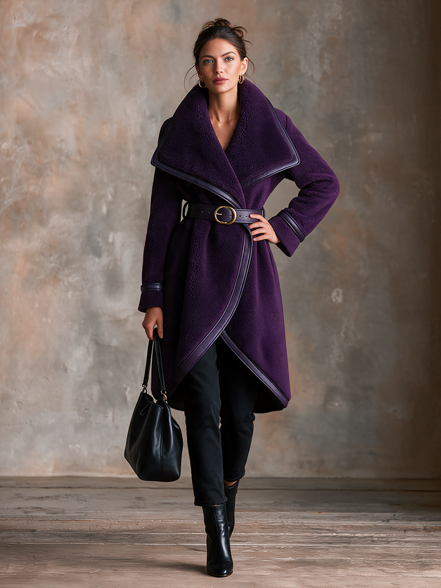 Women's Vintage Long Coat – Shearling & Leather Trim With Waist-Defining Belt