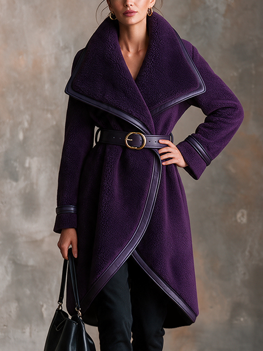 Women's Vintage Long Coat – Shearling & Leather Trim With Waist-Defining Belt