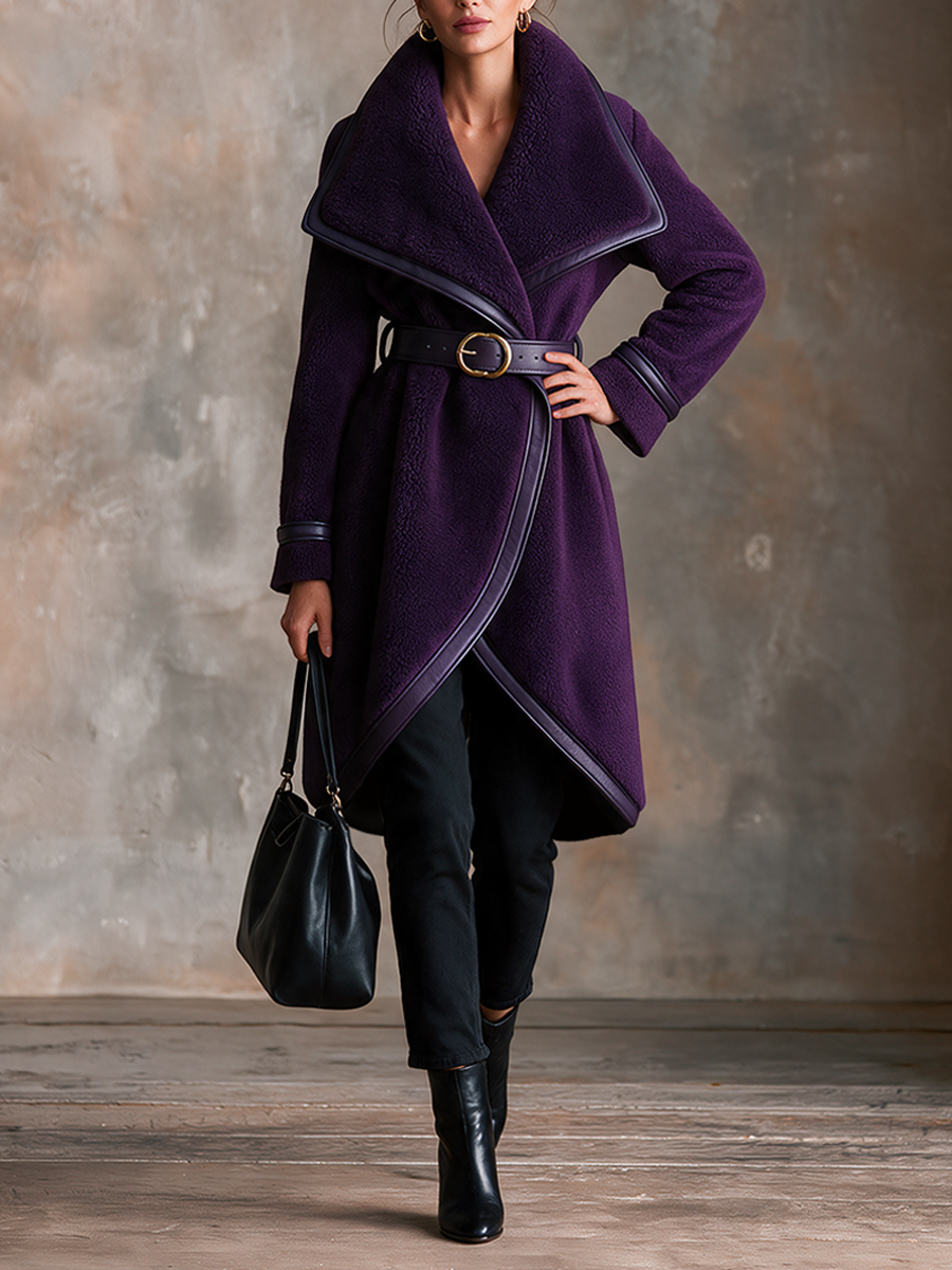 Women's Vintage Long Coat – Shearling & Leather Trim With Waist-Defining Belt