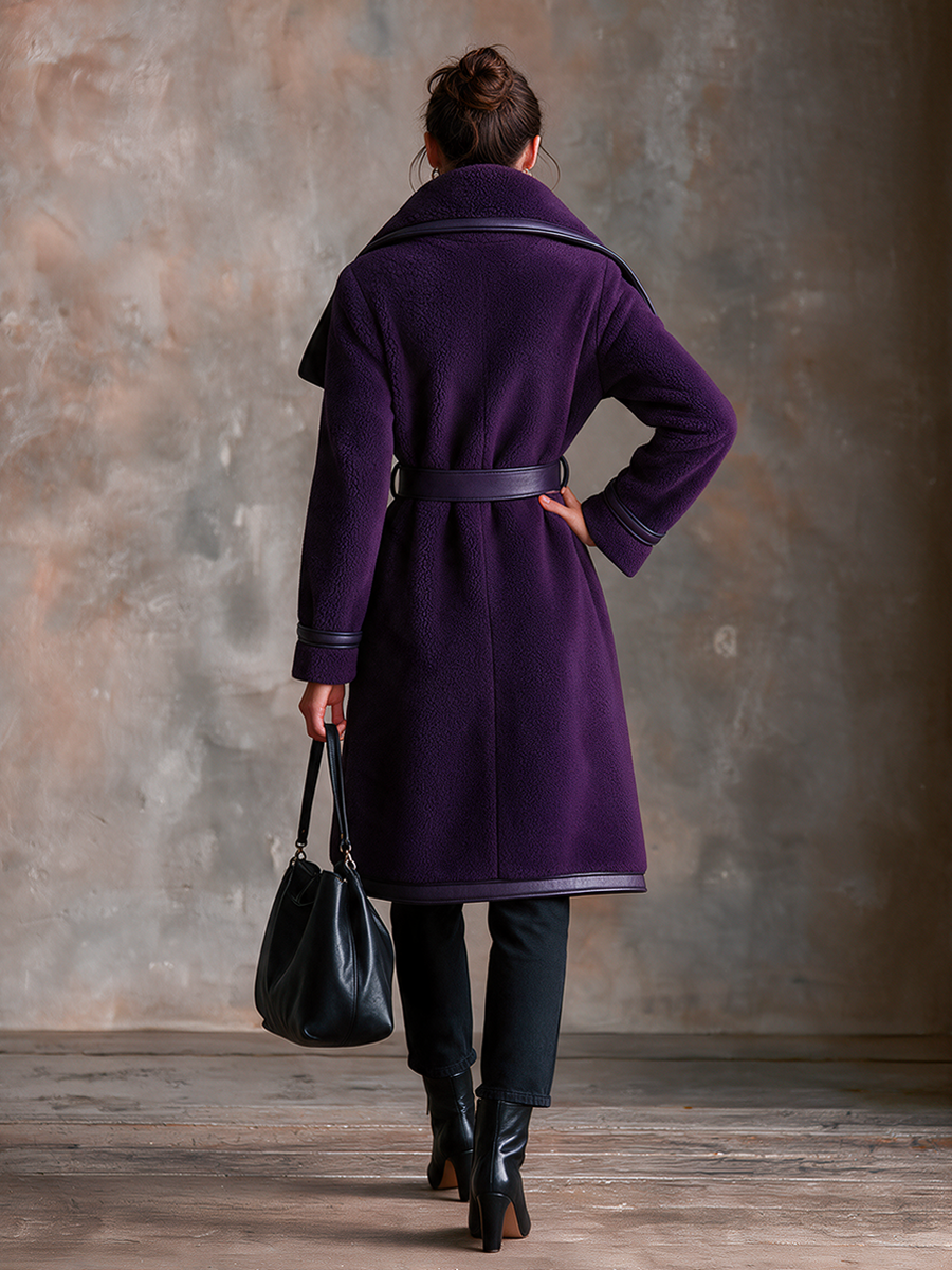 Women's Vintage Long Coat – Shearling & Leather Trim With Waist-Defining Belt