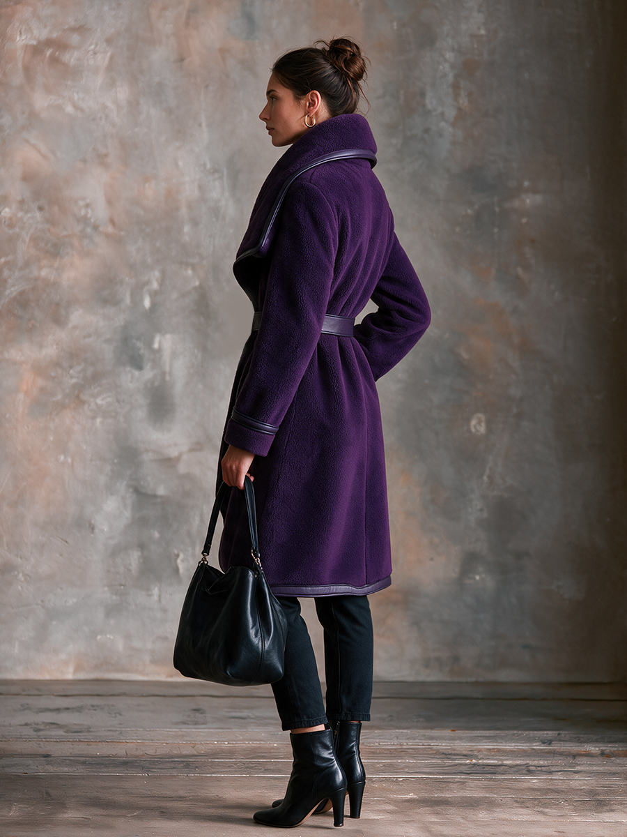 Women's Vintage Long Coat – Shearling & Leather Trim With Waist-Defining Belt